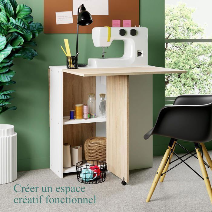 CASABEL – Mesa de comedor plegable, centro blanco y tablero de madera clara, para 2-4 personas – Ahorra espacio en la cocina y el comedor.