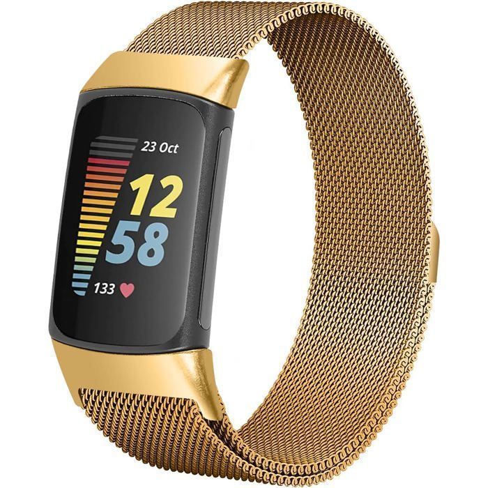 Luxe Milanese armband van roestvrij staal, compatibel met de Fitbit Charge 5/6 activity tracker, elegante champagnekleurige afwerking.