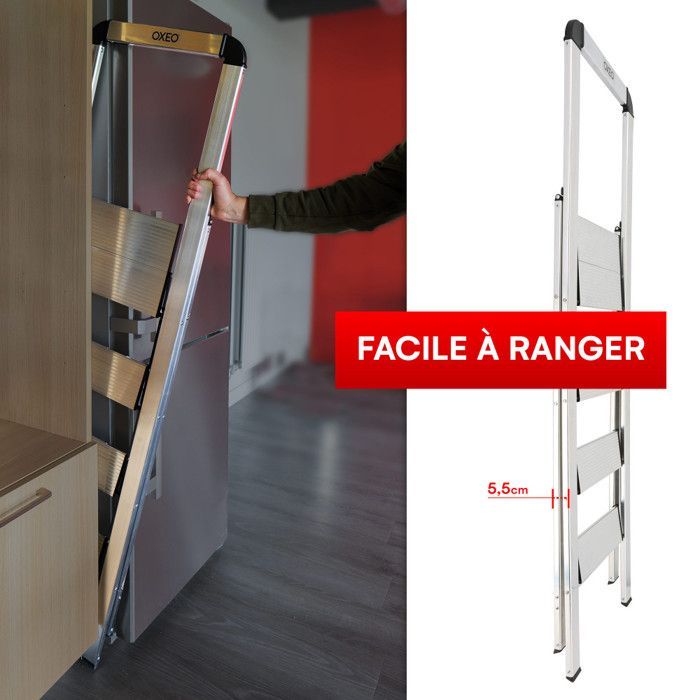 Oxeo - Ultradunne en ultralichte trapladder, 100% aluminium - 4 treden - 5,5 cm dik
