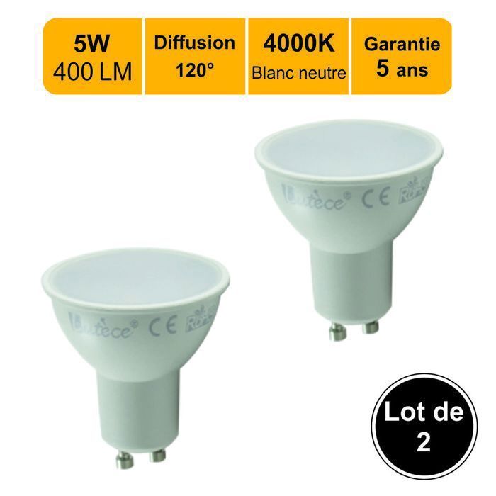 Set van 2 GU10 LED-lampen, 4,9W, 400lm, 4000K - 5 jaar garantie