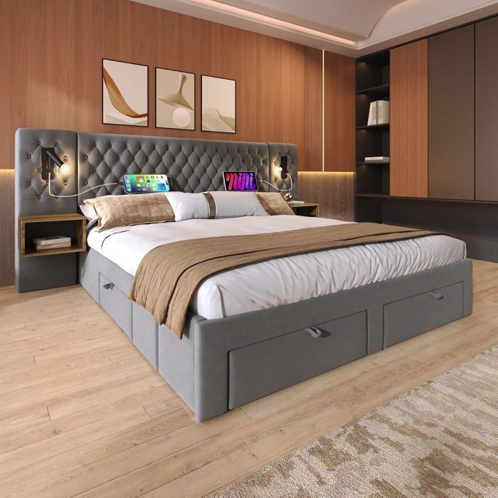 Letto matrimoniale contenitore 160 x 200 cm con lampada da lettura e porta USB, letto con 2 tavolini e 4 cassetti, rete a doghe, velluto grigio