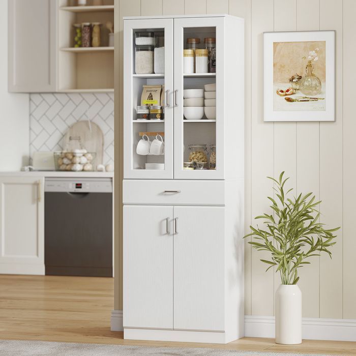 Buffet haut cuisine - HOMCOM - 4 portes dont 2 en verre, tiroirs, étagères réglables - panneau de particules - 60x35x180cm - blanc