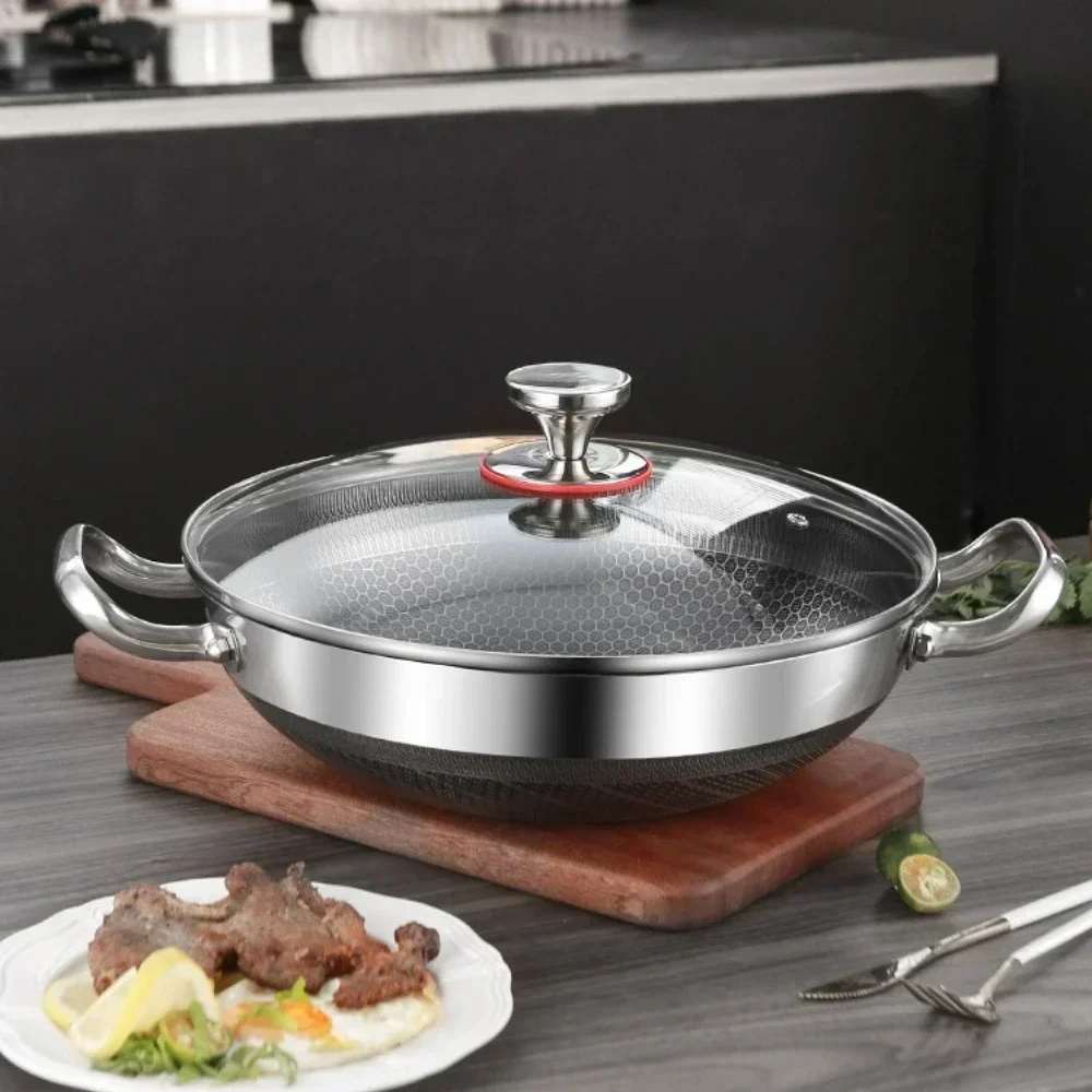 Poêle à frire de 32 cm en acier inoxydable 304 de qualité alimentaire, antiadhésive, à fond alvéolé, compatible avec les plaques à induction, les cuisinières à gaz et les woks.
