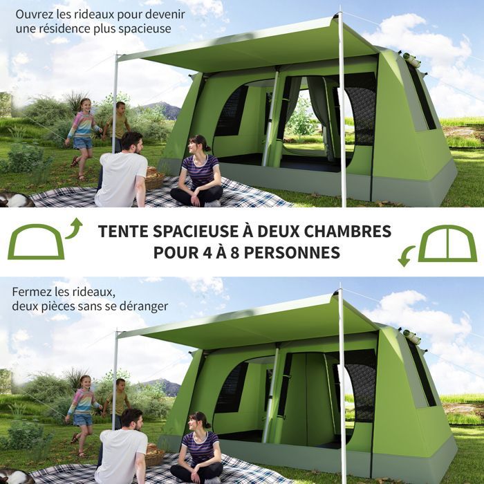Tienda de campaña Outsunny para 4 a 8 personas - ligera y portátil - fácil de montar - incluye porche, bolsa de transporte y gancho - verde