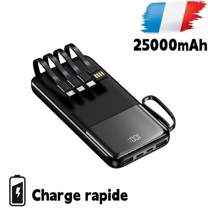 Batteria esterna Weuiortn® da 25000 mAh con ricarica rapida da 66 W e 4 linee dati, adatta a tutti i telefoni cellulari.