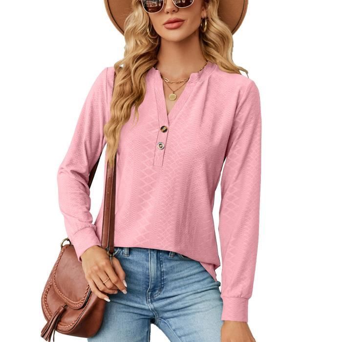 T-shirt Femme Manches Longues Col V Casual Tee Shirt Couleur Unie Automne Hiver Confortable