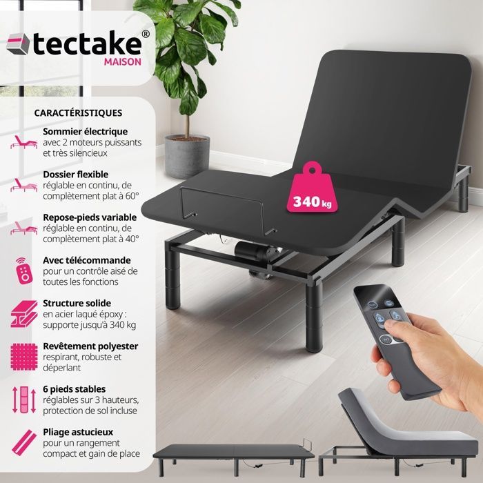 Sengestel - TECTAKE - EASY FLEX komfort elektrisk sengebund med justerbar ryglæn og fodgavl, maks. 340 kg vægtkapacitet - 90 x 200 x 42,5 cm