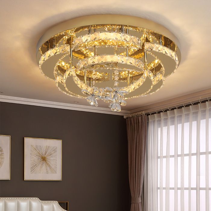 Lustre de Salle à Manger Moderne en Cristal K9 Doré - Plafonnier LED à Lumière Dimmable