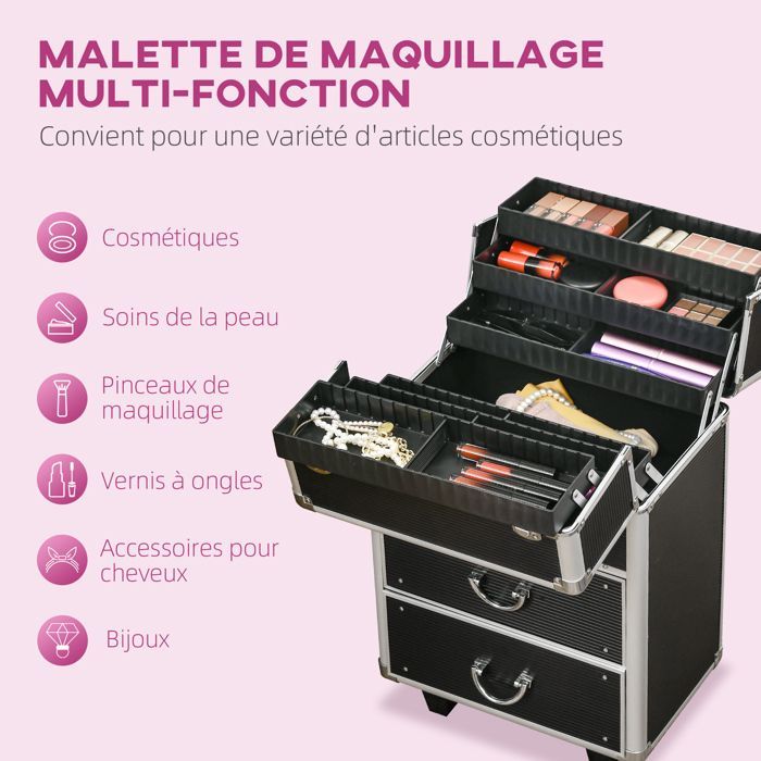 HOMCOM - Estuche de maquillaje - Aleación de aluminio - 36x23x58cm - Negro
