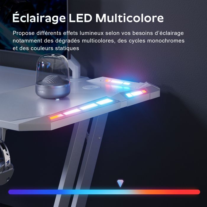 Scrivania da gaming HLONONE 120 x 60 x 74 cm con illuminazione a LED, bianca, ergonomica e antigraffio