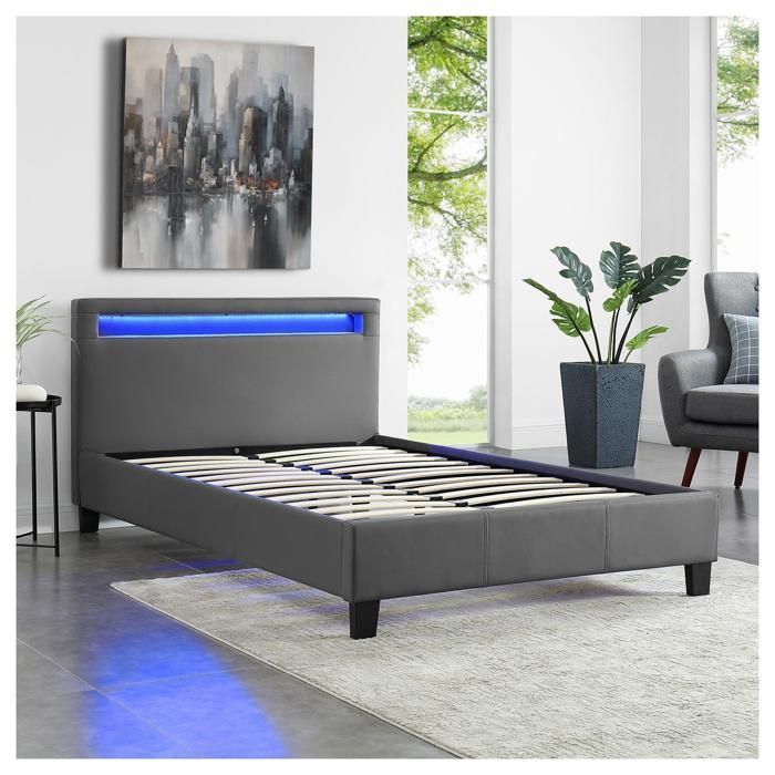 Cama individual LED de 120x190 cm con somier de láminas, cabecero confortable, cama individual con tapicería sintética gris, MIRANDO