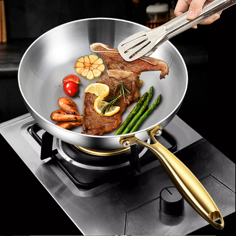 Poêle à frire en acier inoxydable 316, antiadhésive, à fond plat, non revêtue, pour la maison, idéale pour les steaks et les woks, compatible avec les plaques de cuisson à gaz et à induction.