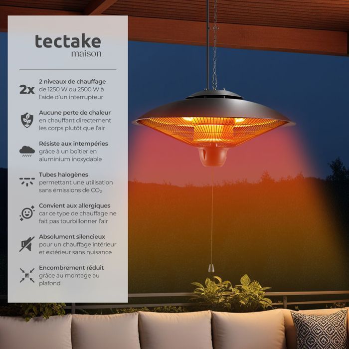 Calefactor de exterior - TECTAKE - Calefactor infrarrojo SOLARIS ORBIT con 2 niveles de potencia, 1250-2500W, carcasa de aluminio, fácil instalación.