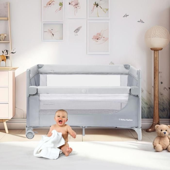 3-in-1 Travel Cot, Extra Bed & Playpen Moby System, 4-Level Lateral Adjustment, 2-Level Mattress, Changing Table, Wheels