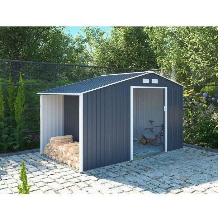 Abri de jardin en métal et abri bûches 6,53 m² - 342 x 191 x 202 cm - SOLIS - Kit d'ancrage inclus, 2 portes coulissantes - Gris