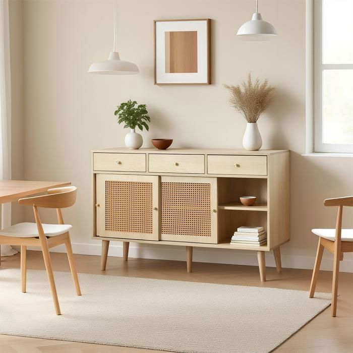 COSY FURNITURE Retro oak wood sideboard with 3 drawers, 3 sliding rattan doors and adjustable shelves – 120x40x78 cm