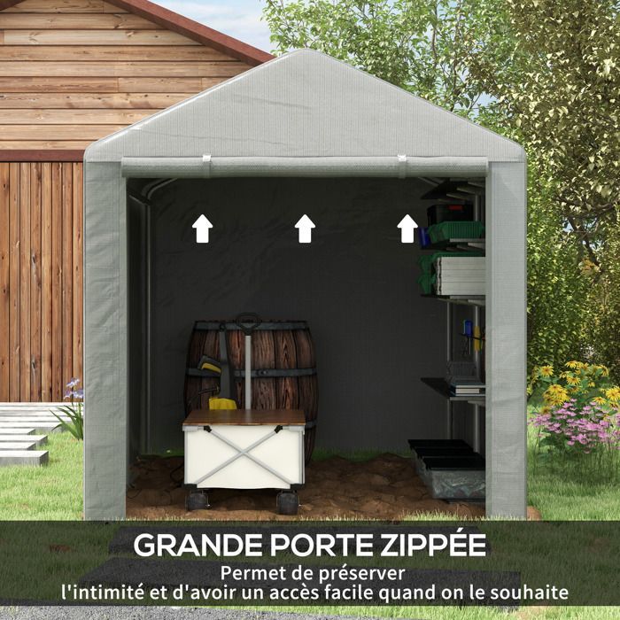 Caseta de jardín Outsunny con puerta enrollable y cremallera, ideal para bicicletas, motocicletas, leña y herramientas. Medidas: 160 x 218 x 172 cm. Color: gris claro.