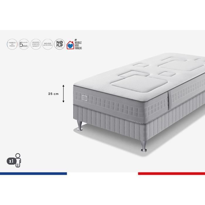 SIMMONS 90 x 200 cm mattress and bed base set, 25 cm high - Sensoft pocket springs - Made in France - SW3