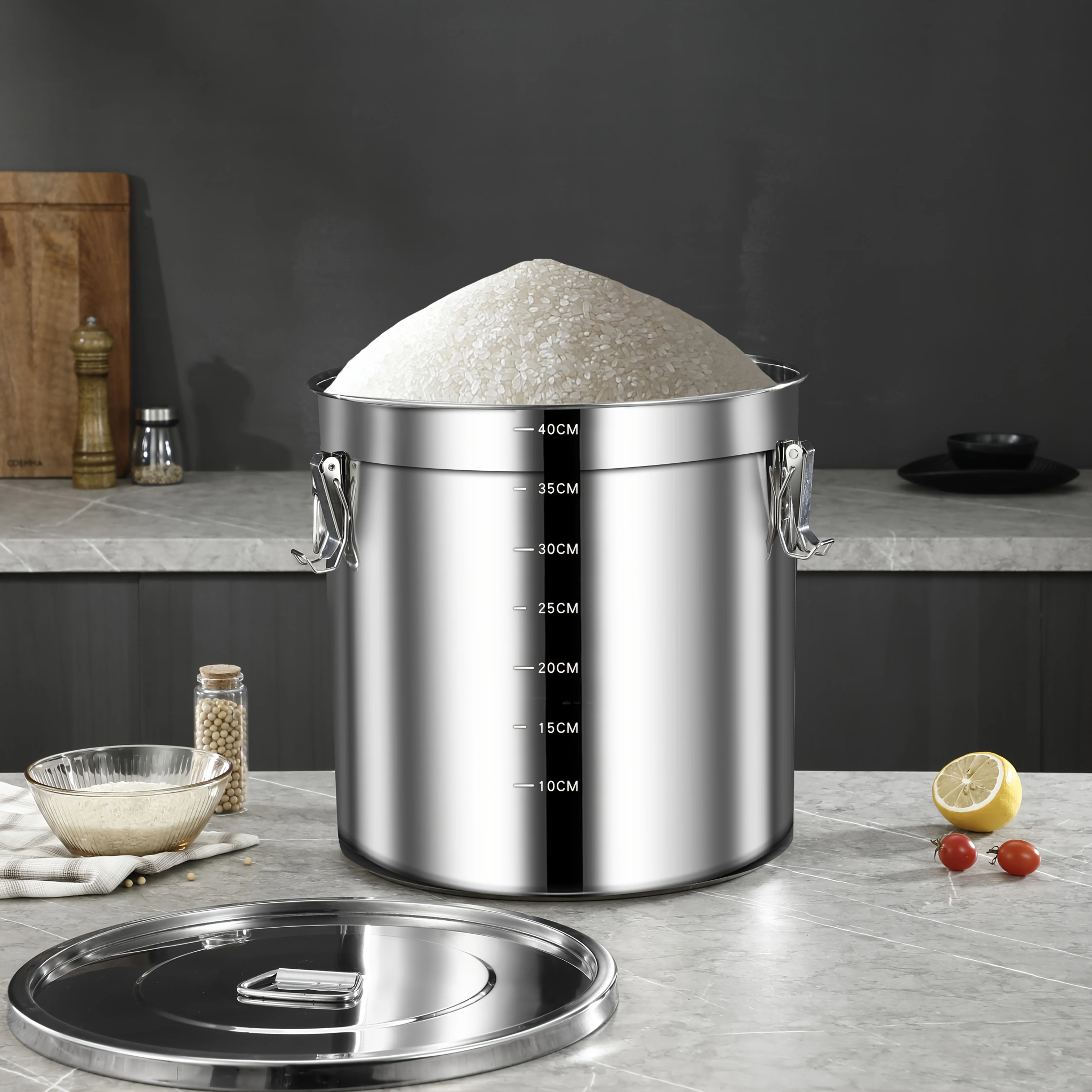 Bocal hermétique en acier inoxydable 20L/35L/50L, grand récipient avec couvercle et clip de fermeture robuste, utilisé pour le stockage des aliments en fût.