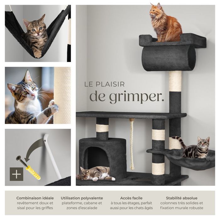 Arbre à chat - TECTAKE - Mobilier pour chat STOKELEY 141 cm de hauteur avec zones de couchage et cordelette - Noir