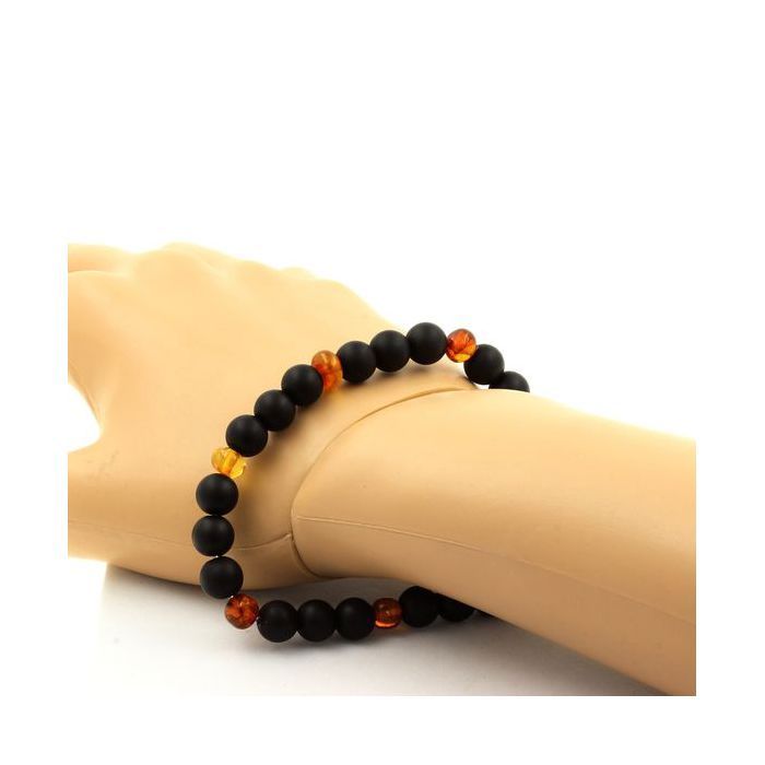 Bracelet - A Bijoux - Ambre véritable et Onyx noir - Longueur 19-20 cm - Perles de 8 mm - Mixte