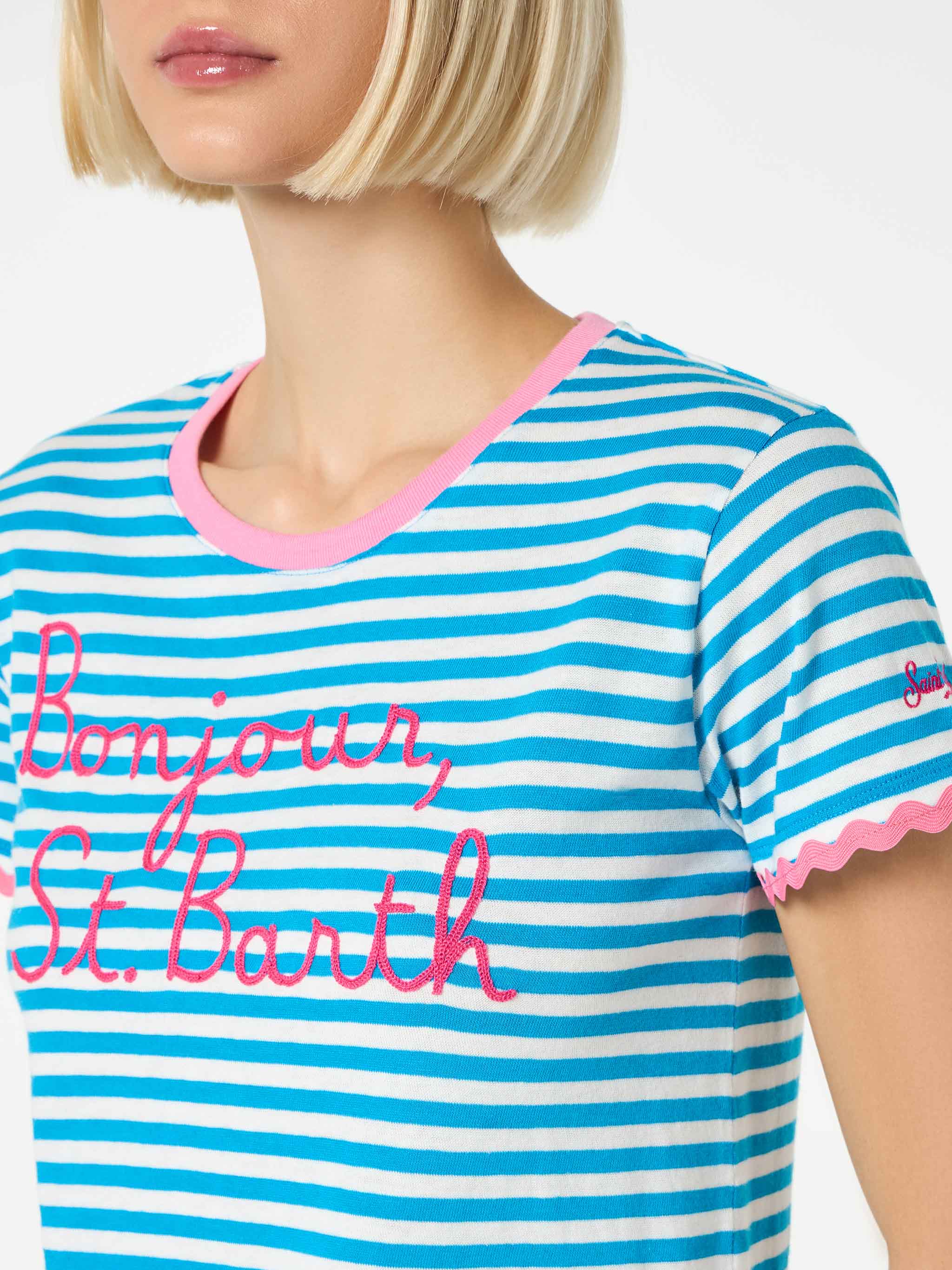 T-shirt da donna in cotone con ricamo Bonjour St. Barth