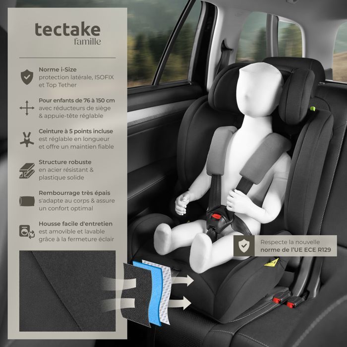 Silla de coche TECTAKE EMELY con arnés de 5 puntos, estándar i-Size y base ISOFIX.