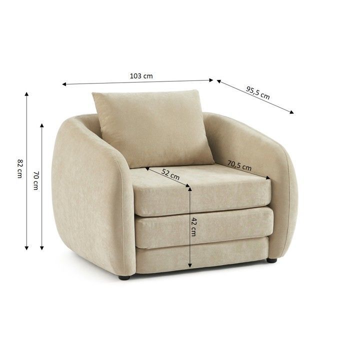 Sillón PAZ con relleno de espuma desplegada en tejido de chenilla beige.