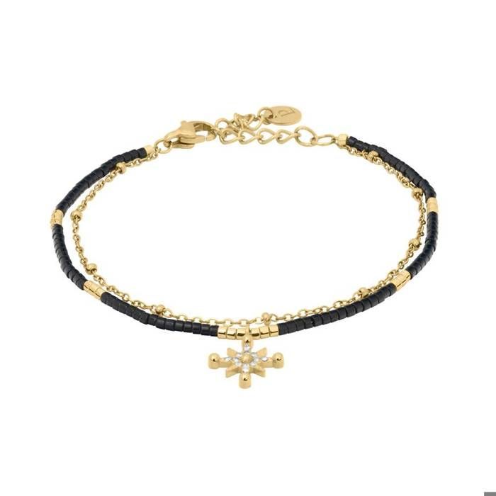 ANTHAREA Women's Double Row Bracelet, Gold-Plated Steel, Black Beads, Lobster Clasp and Black