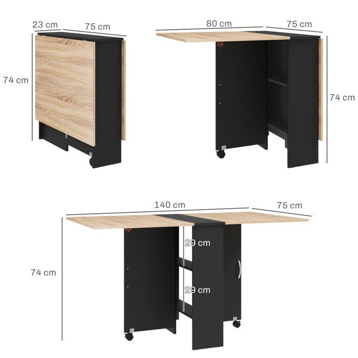 HOMCOM - Mesa de cocina plegable - Tablero de partículas - 75x140x74cm - Roble y negro