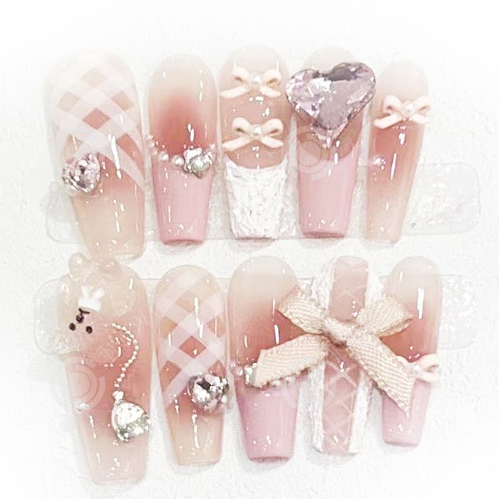 Set manucure-pedicure PAS Faux Ongles M 10 pièces Ballerine Rose Glazed French 3D Bow Fleurs Cœur Perle Press on Nails Cute Fake