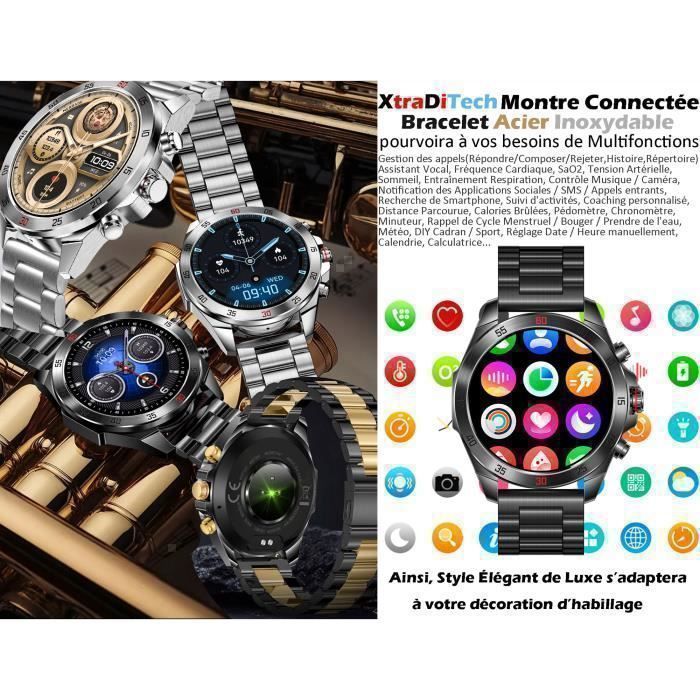 Smartwatch da uomo XtraDiTech, cinturino di lusso in acciaio inossidabile nero, schermo AMOLED da 1,43