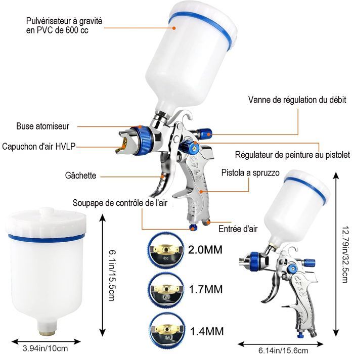 Pistolet A Peinture-Pistolet Peinture-Pulvérisateurs De Peinture-avec 3 Buses 1,4/1,7/2 mm,600mL-Spray Gun