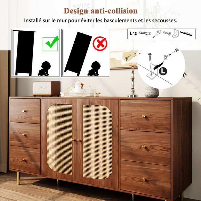 Credenza in vimini, mobile contenitore con cassetti, credenza da soggiorno, marrone, doppia anta, sei cassetti, 160×40×90 cm, grande capacità.