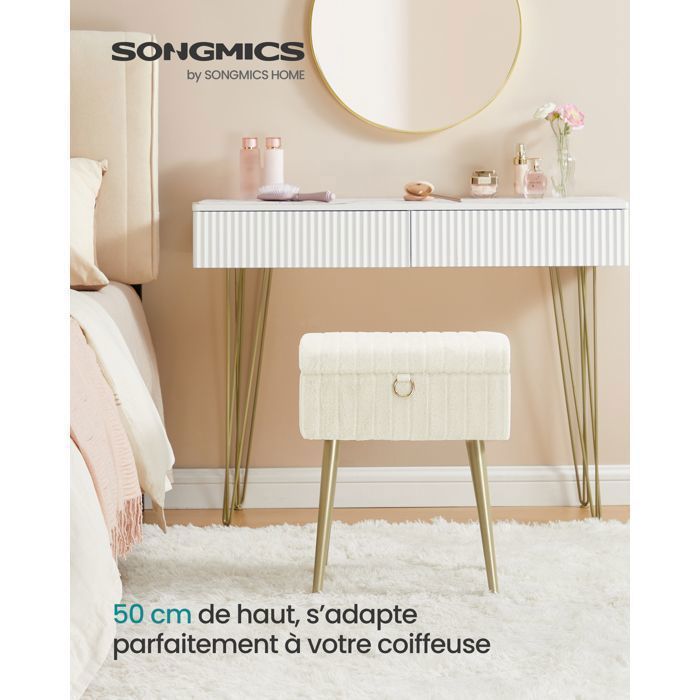 Tabouret de Coiffeuse - Rangement - Pieds Métal - Blanc Crème - SONGMICS
