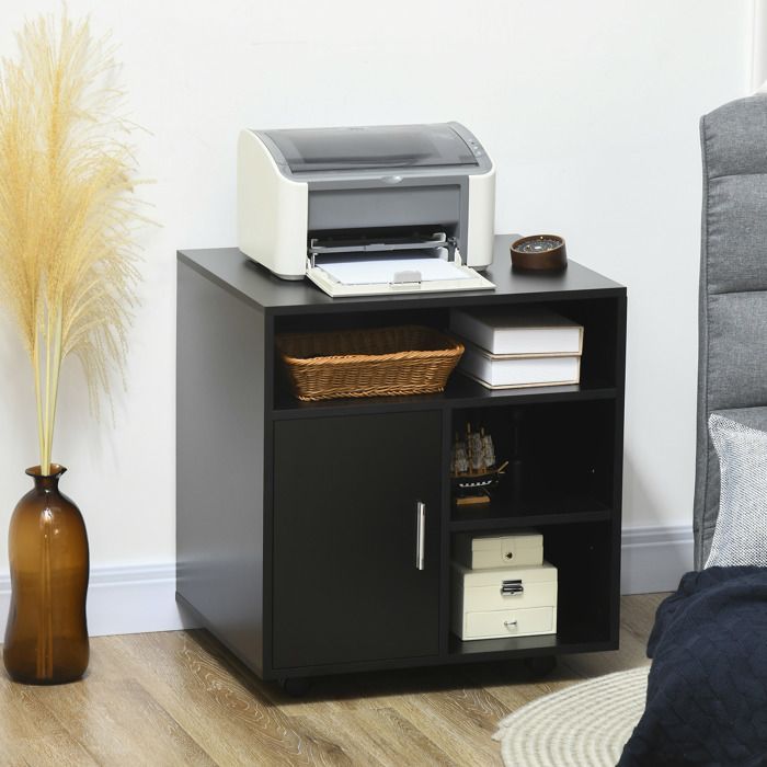 Printer stand - desk organizer - HOMCOM - cabinet with door, 3 compartments + large top - particleboard - black