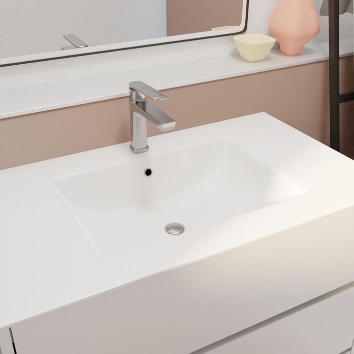 Mueble de baño XENOS de 80 cm, lacado en blanco, con 3 cajones y lavabo de cerámica.