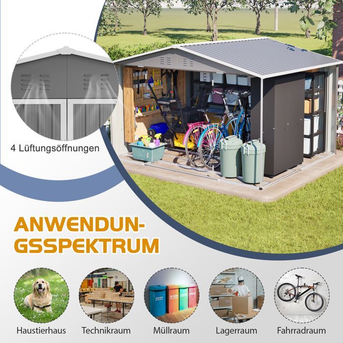 Casetta da giardino in metallo XXXL con tetto a due falde 300×252×191 cm – Casetta da giardino in acciaio resistente alle intemperie, grigia