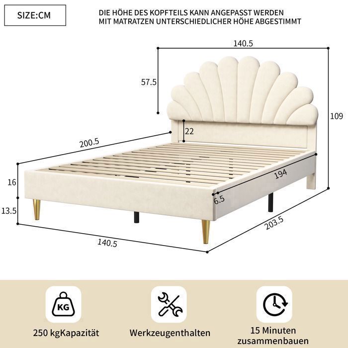 Tweepersoonsbed 140x190 cm - SUNFECILI - Beige - Massief MDF - Fluweelstof - 250 kg