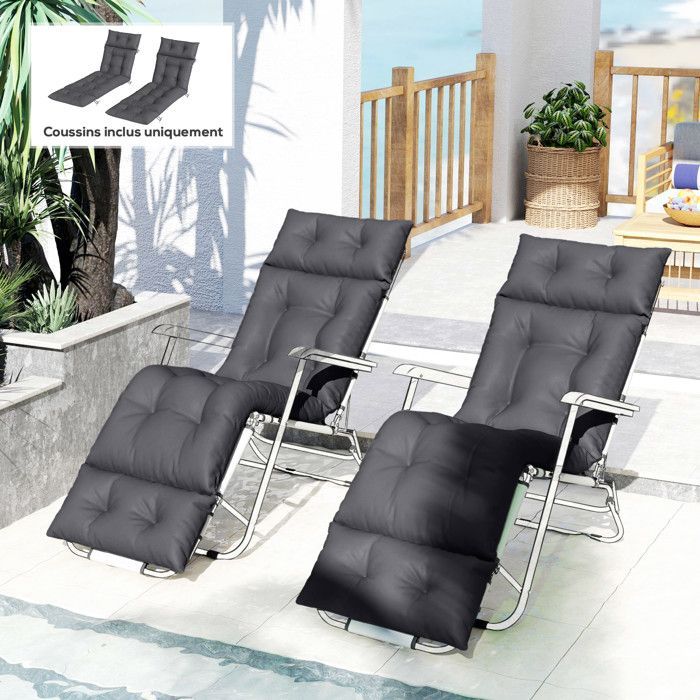 Set of 2 lounge chair cushions - Outsunny - thick, comfortable sunbathing cushion - 6 ties - 190 x 56 x 10 cm - grey