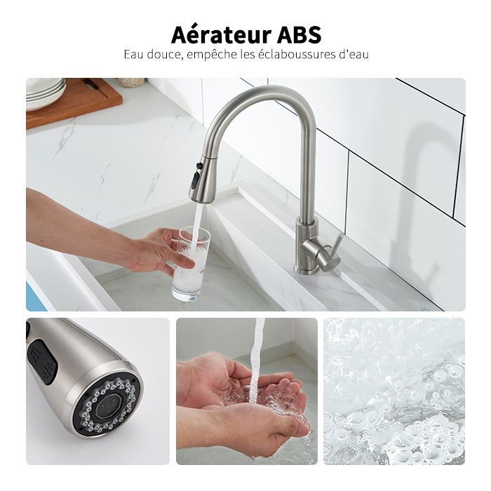 Robinet de Cuisine avec Douchette Extractible 3 Jets Mitigeur Cuisine Brossé en Acier Inox Robinet Mitigeur d'Évier Rotatif à 360°
