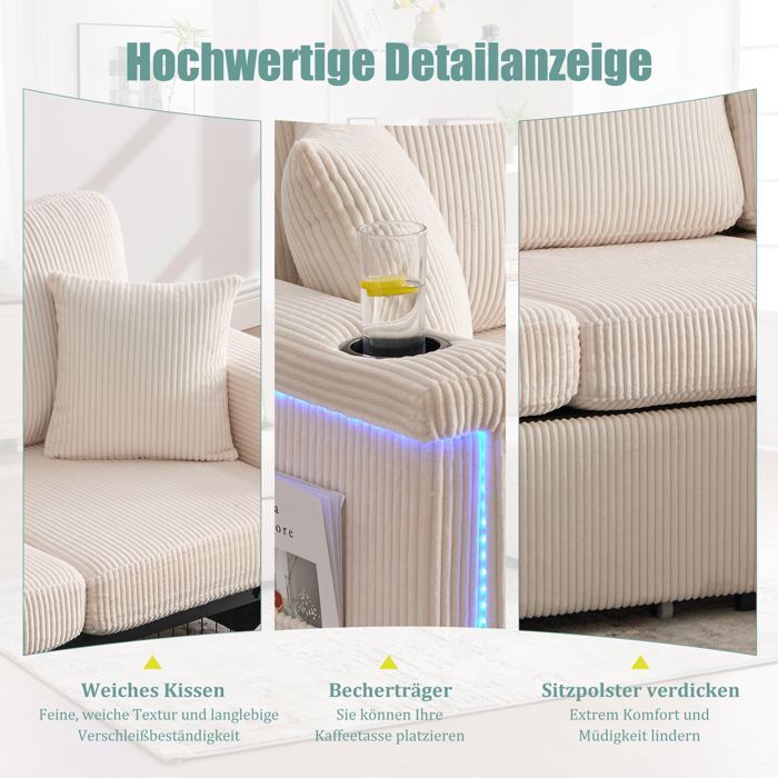 Modular 3-Seater Sofa with LED Lighting, 2 Storage Drawers, Storage Ottoman and Cup Holder - Corduroy - Beige