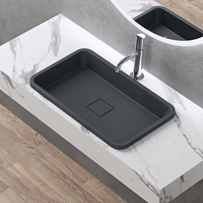 Lavabo empotrado Doporro, gris antracita mate/negro, 53 x 33 x 10,5 cm, lavabo rectangular con tapa de desagüe, Colossum104