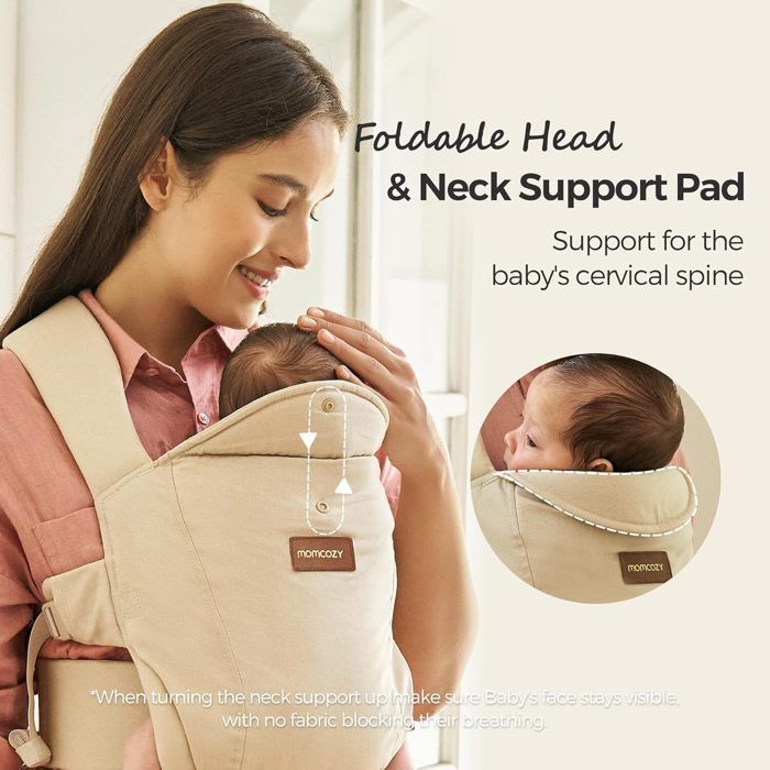 Momcozy nyfødt bæresele fra fødselen av, ergonomisk støtte med nakkestøtte, lett og trygg (3 til 11 kg), khaki