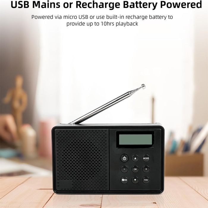 WOVTE Portable DAB+ Radio: Rechargeable FM digital radio with Bluetooth, mains or battery power, 40 presets
