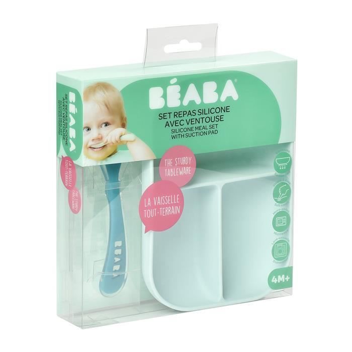 BEABA Baby Meal Set, with Suction Cup, Non-Slip, Divided Silicone Plate + Spoon, Healthy and Durable, Blue