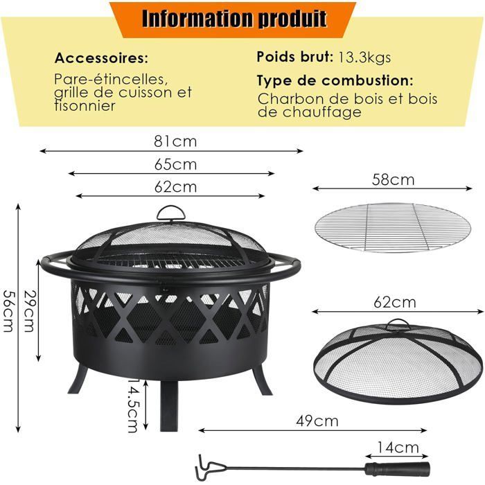 81 cm große Feuerstelle für den Außenbereich, inklusive Funkenschutz und Schürhaken, Grill, Schwarz