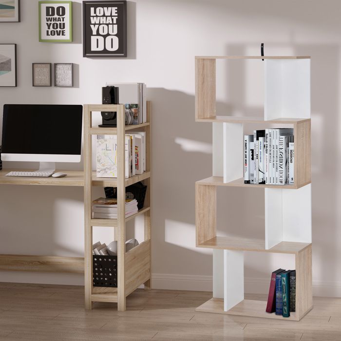 Bibliothèque - HOMCOM - 4 niveaux meuble de rangement forme S étagères salon chambre - bois - 60x24x148cm - naturel blanc