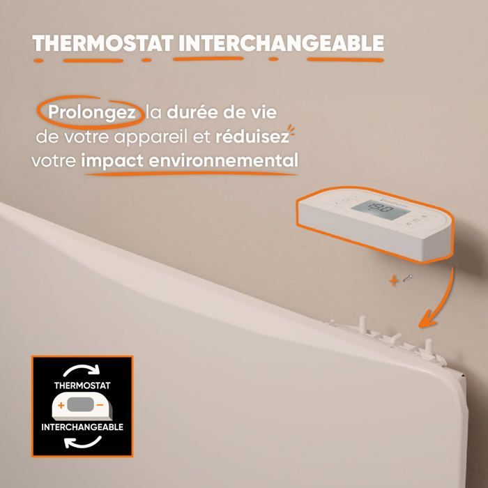 BETHERM OVEO Radiatore elettrico fisso a inerzia secca in ceramica da 2000 W - Termostato intercambiabile - Orizzontale Bianco - NF