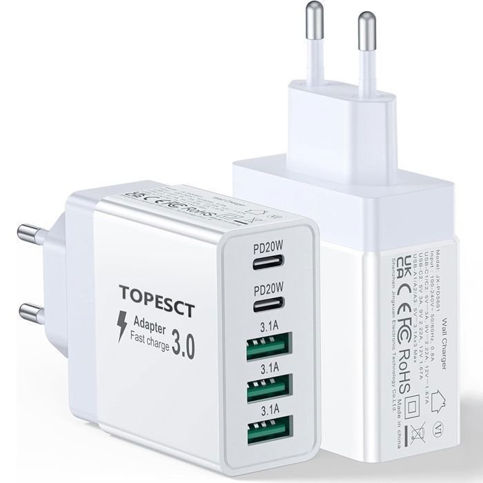 Cargador USB-C, 40 W, 4 puertos USB-C, bloque de carga rápida PD+QC de doble puerto, cargador multipuerto tipo C compatible con iPhone - TOPESCT